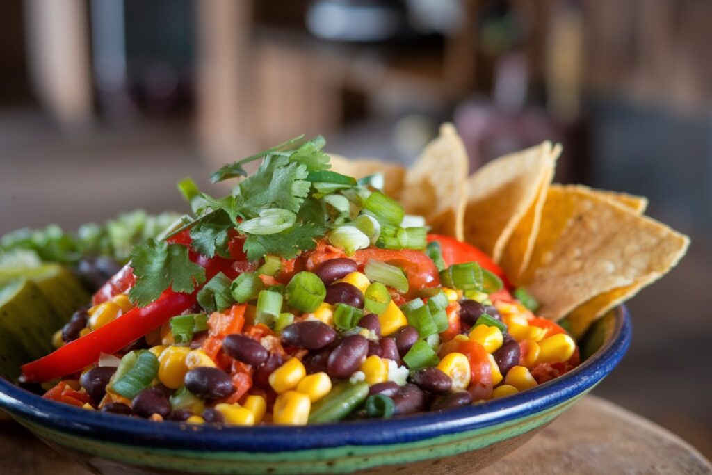 A vibrant and healthy Mexican dish showcasing colorful vegetables, beans, and fresh herbs.